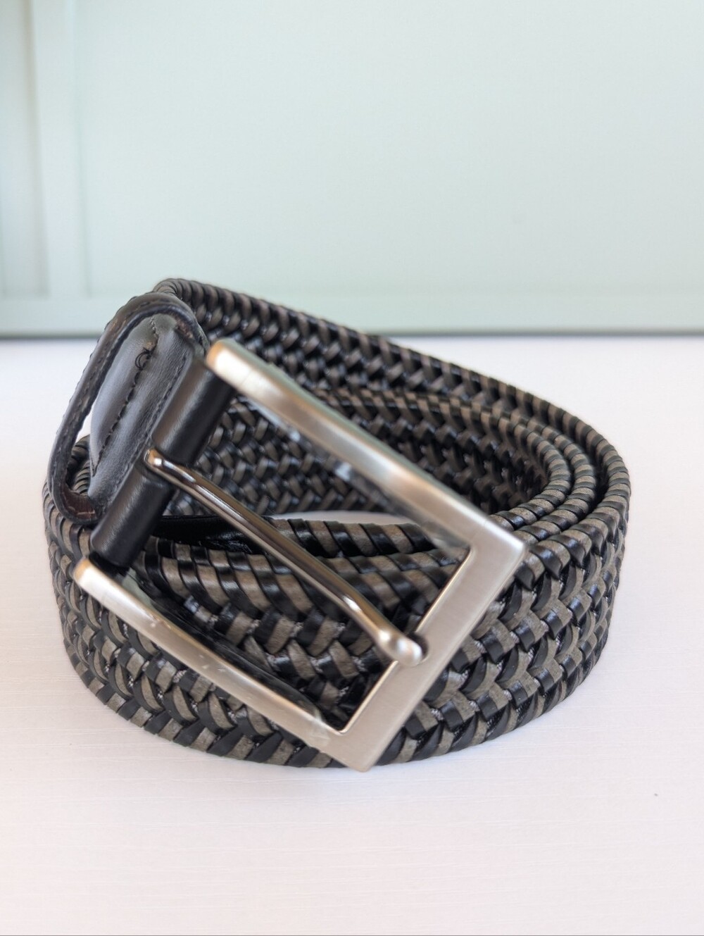 Saks Fifth Avenue Black Braided Leather Belt with Silver Buckle